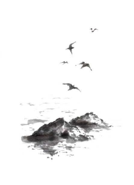 istock Flying sea gulls and rocks Japanese style original sumi-e ink painting. 921868734