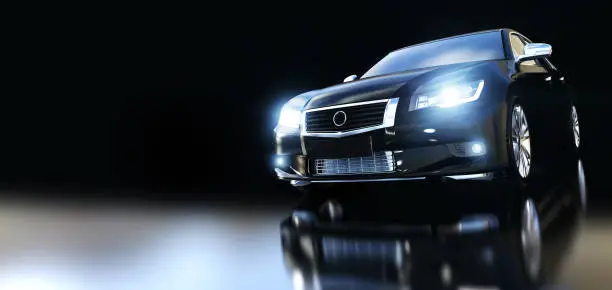 Modern black metallic sedan car in spotlight, banner composition. Generic desing, brandless. 3D rendering.
