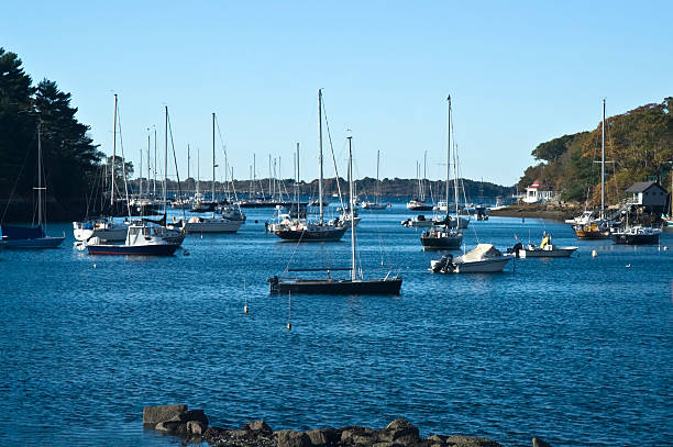 Marina with Moored Luxury Fishing Boats in Foreground, Buoys, Dark Blue Sky and Water, Wells, Maine, USA.