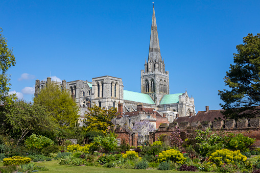 A beautiful view of Chichester Cathedral in the historic cathedral city of Chichester in West Sussex, UK.