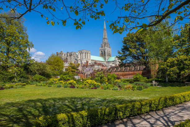 Chichester Cathedral in the city of Chichester, Sussex Chichester Cathedral viewed from the beautiful Bishops Palace Gardens in the historic cathedral city of Chichester in West Sussex, UK. chichester stock pictures, royalty-free photos & images