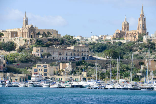 Port of Mgarr on the small island of Gozo - Malta Mgarr, Malta - 30 October 2017: Port of Mgarr on the small island of Gozo, Malta mgarr malta island gozo cityscape with harbor stock pictures, royalty-free photos & images