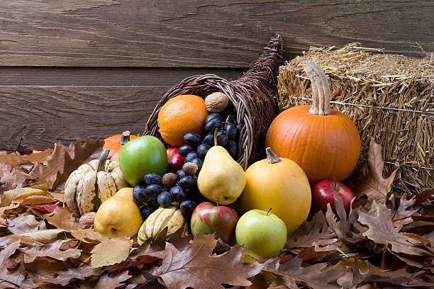 Fall cornucopia of fruits and vegetables stock photo