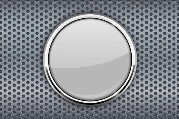 Vector illustration of White glass button with chrome frame on metal perforated background