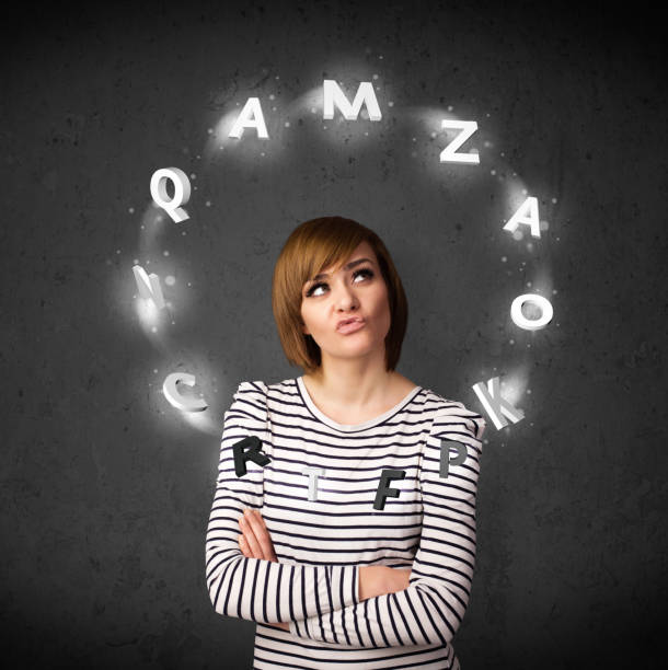 istock Young woman thinking with letter circulation around her head 921902896