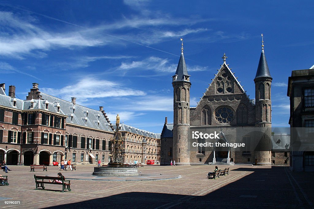 An image of the entrance to the Dutch Parliament Courtyard of the Dutch Parliament, called Binnenhof. The medieval building with the two towers and rose window is the Ridderzaal.(Hall of Knights) Binnenhof Stock Photo