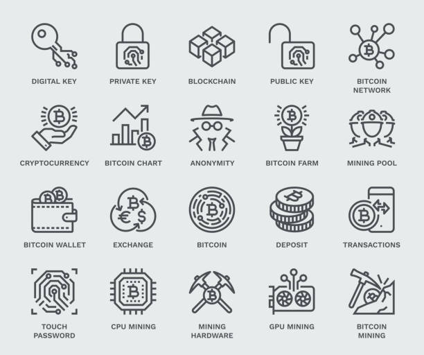 Cryptocurrency Icon Set, Monoline concept The icons were created on a 48x48 pixel aligned, perfect grid providing a clean and crisp appearance. Adjustable stroke weight. blockchain icons stock illustrations