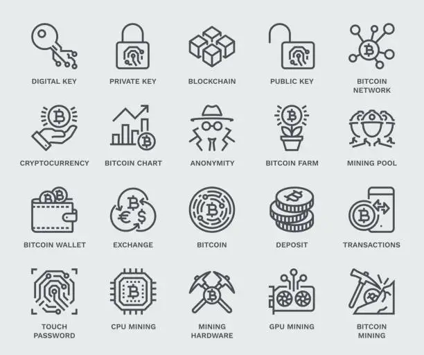 Vector illustration of Cryptocurrency Icon Set, Monoline concept