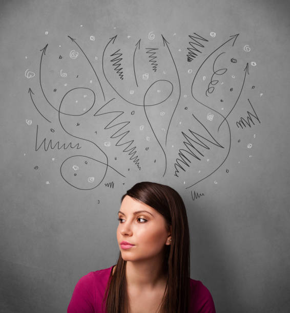 istock Young woman thinking with arrows over her head 921904166