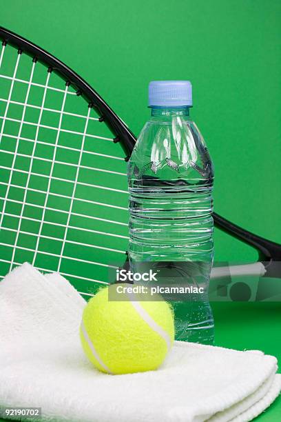 Tennis Balls With Racket Bottle And Towel Stock Photo - Download Image Now - Bottle, Circle, Close-up