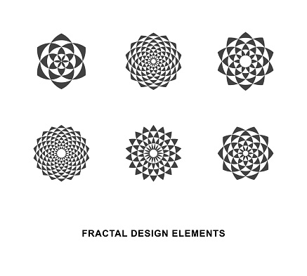 Set of Black and White Circular Fractal Design Elements. Digital flower. Vector illustration.