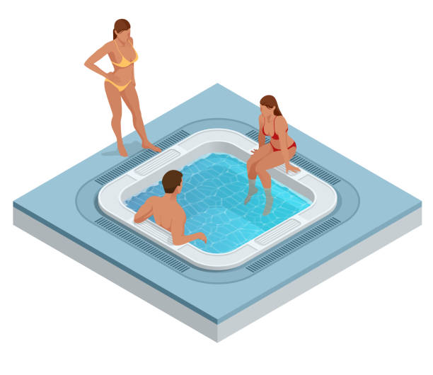 소용돌이 물 흰색 절연 아이소메트릭 자 쿠지입니다. 사람들이 즐기는 자 쿠지 스파 욕조 목욕 스파. - couple hot tub spa treatment health spa stock illustrations