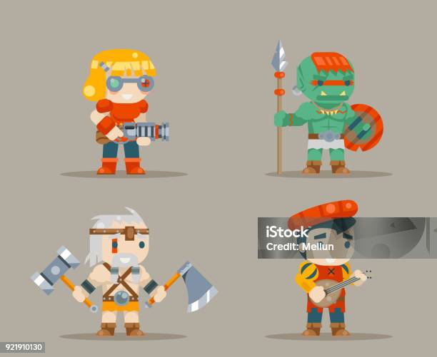 Barbarian Berseker Bard Tribal Orc Engeneer Inventor Rifleman Fantasy Rpg Game Characters Icons Set Vector Illustration Stock Illustration - Download Image Now