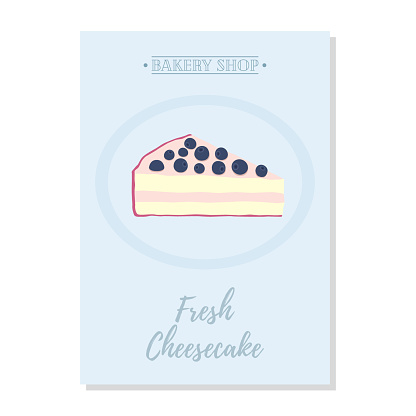 Set of pastry poster, banner for sale of fresh cheesecake. Promotion, advertising illustration. Made in cartoon flat style