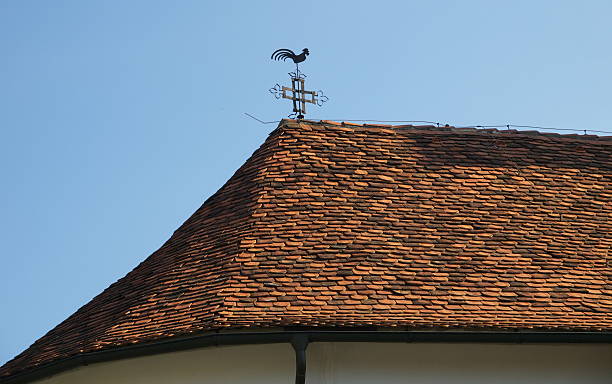 hähnchen wie eine wetterfahne - roof roof tile rooster weather vane stock-fotos und bilder