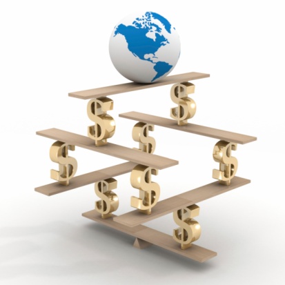 globe on a financial pyramid. 3D image