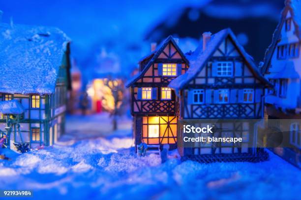 Miniature Houses In Village At Winter Stock Photo - Download Image Now - Christmas, Village, Ceramics
