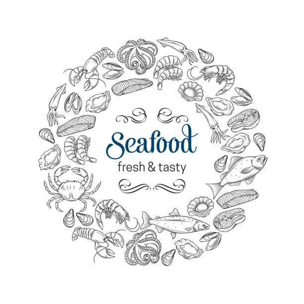 hand drawn seafood design Vector round frame template hand drawn seafood design with mussel, fish salmon, shrimp. Lobster, squid, octopus, scallop or lobster, craps, mollusk, oyster, alfonsino and tuna for product market seafood stock illustrations