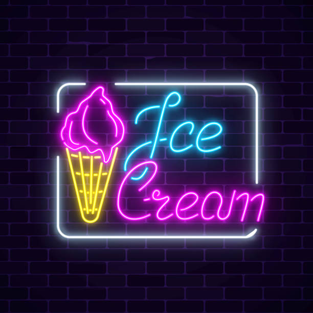 Glowing neon ice cream cafe signboard on dark brick wall background. Fruit ice-cream in waffle cone. Glowing neon ice cream cafe signboard on dark brick wall background. Fruit ice-cream in waffle cone. City neon advertising street sign. Vector illustration. neon sign ice cream stock illustrations