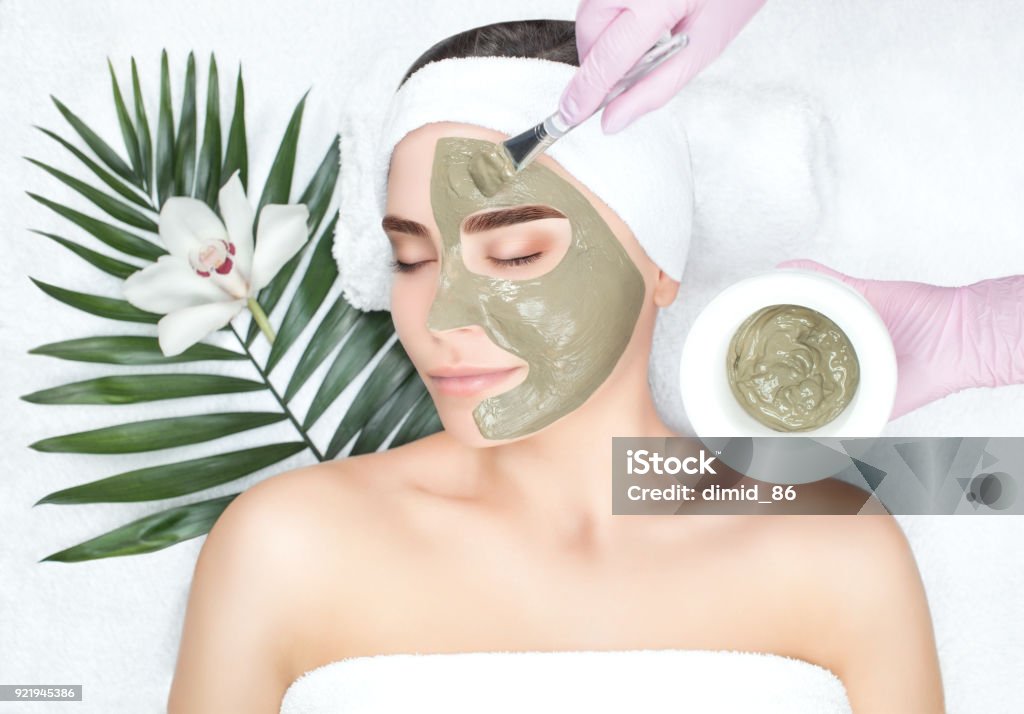 The procedure for applying a mask from clay to the face of a beautiful woman The procedure for applying a mask from clay to the face of a beautiful woman. Spa treatments and care of the face in the beauty salon. Facial Mask - Beauty Product Stock Photo