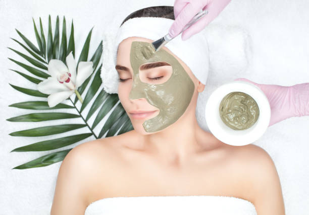 the procedure for applying a mask from clay to the face of a beautiful woman - spa treatment health spa beauty spa women imagens e fotografias de stock