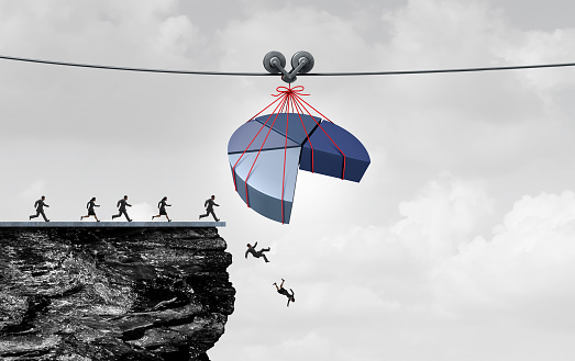 Misleading statistics and financial misrepresentation as financial fraud or economic deception as people falling over a cliff due to fraudulent corporate data with 3D illustration elements.