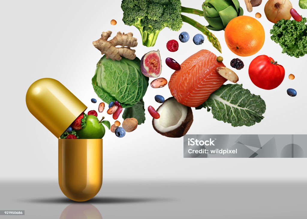 Vitamins Supplements Vitamins supplements as a capsule with fruit vegetables nuts and beans inside a nutrient pill as a natural medicine health treatment with 3D illustration elements. Vitamin Stock Photo