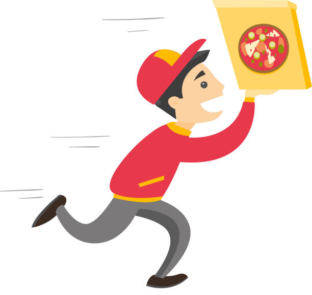 kaukasische weißer jüngling mit pizza - pizza delivering running men stock-grafiken, -clipart, -cartoons und -symbole