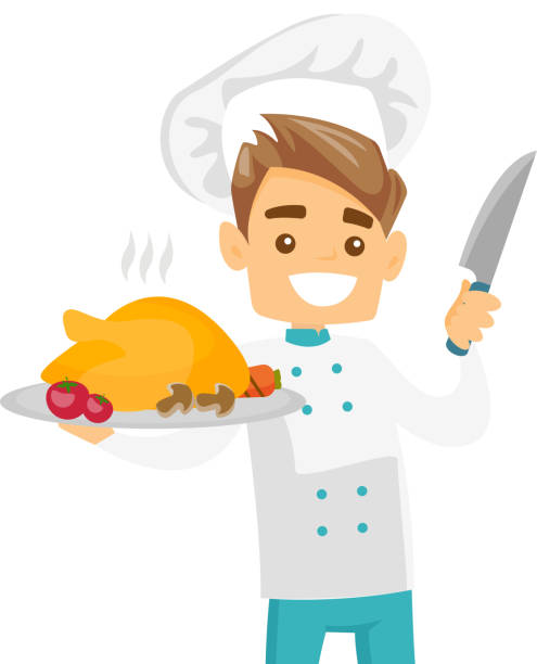 illustrazioni stock, clip art, cartoni animati e icone di tendenza di cuoco capo bianco caucasico che tiene il pollo arrosto - chicken strip