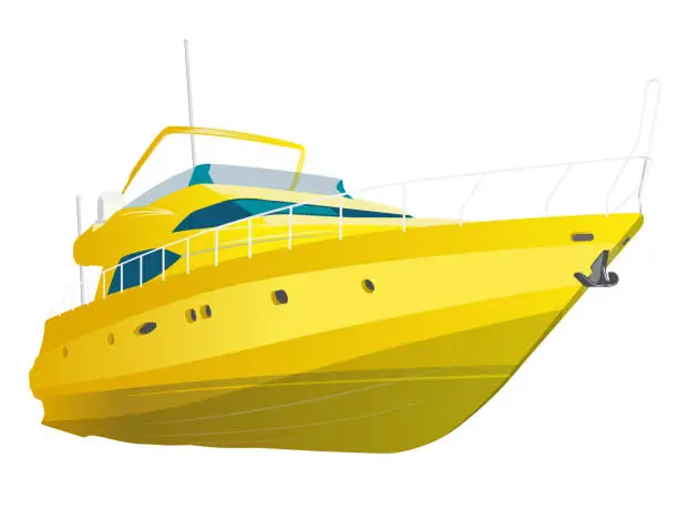 Vector illustration of Yellow motor boat. Sea yacht for fishing and leisure time. Luxury expensive motorboat.
