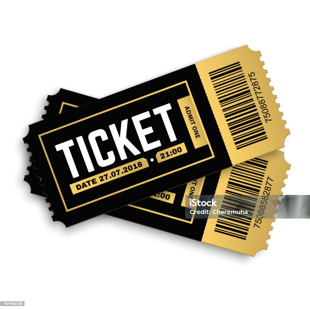 Vector tickets. Two, pair vector ticket isolated isolated on white background. Cinema, theater,  concert, play, party, event, festival black and gold ticket realistic template set. Ticket icon for website. Ticket stock vector