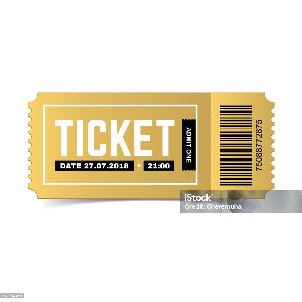 Vector ticket. Realistic 3d premium design. Vector golden ticket isolated on white background. Luxury, premium design. Icon picture for website. Cinema, theatre,  concert, movie, performance, party, event, festival design ticket template Ticket stock vector