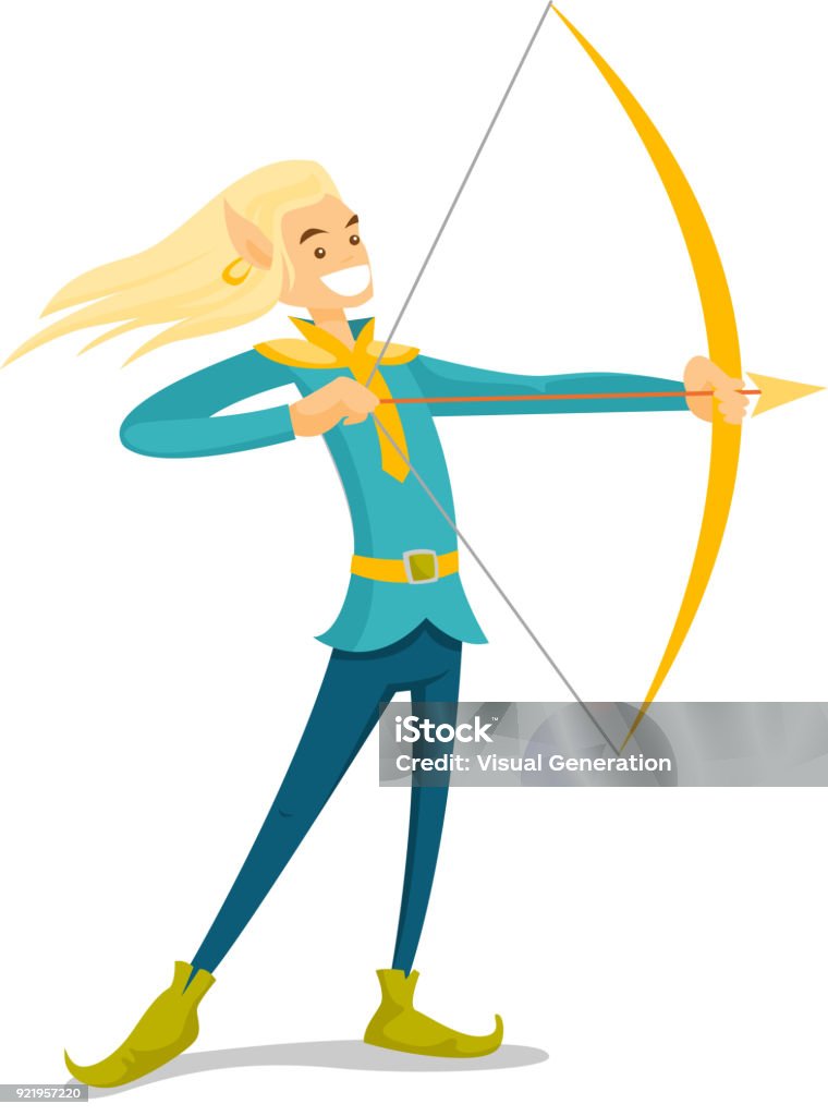 Young blonde elf hunting with a bow and an arrow Young elf archer hunting with a bow and an arrow. Full length of blonde elf in fairytale costume holding a bow and an arrow. Vector cartoon illustration isolated on white background. Square layout. Adult stock vector