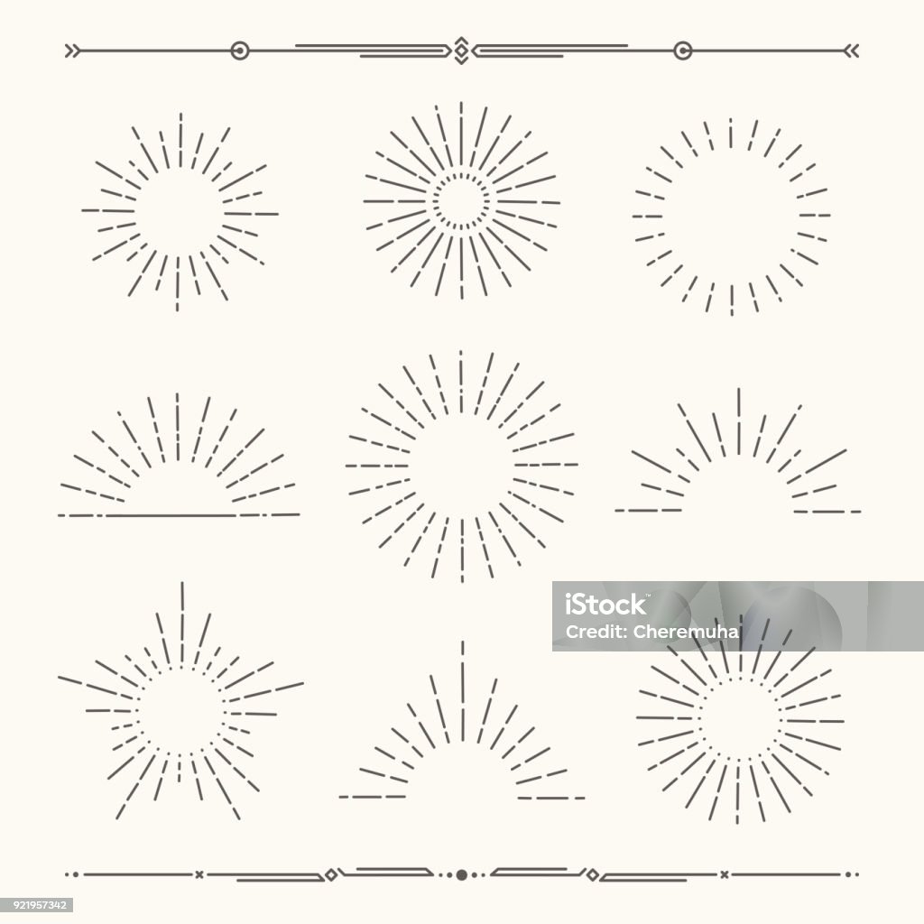 Vector sunbursts, sun rays, sunset icons, radial sun flashes and geometric dividers. Set of vintage, hipster sunburst shapes. Shine sun ray set.  Sunset icon collection. Trendy hand drawn retro bursting rays design. Hipster banner elements.  Radiant sun flashes and geometric dividers. Vector illustration. Line Art stock vector