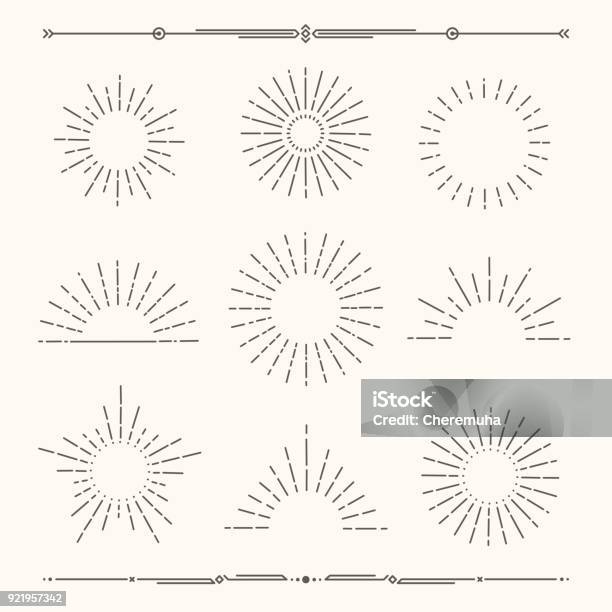 Vector Sunbursts Sun Rays Sunset Icons Radial Sun Flashes And Geometric Dividers Stock Illustration - Download Image Now