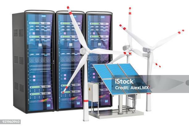Solar Server Picture Computer Server Racks With Solar Panels And Wind Turbines 3d Rendering ...