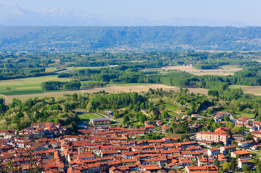 panoramic view of the municipality of caravino (italy) and of the morainic greenhouse