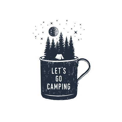 Hand drawn travel badge with fir trees in a metal mug textured vector illustration and 