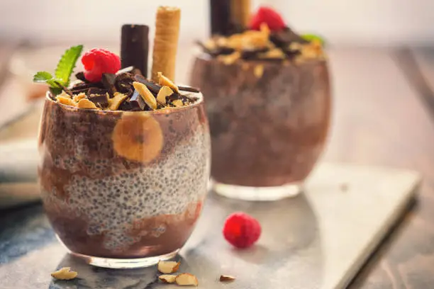 Homemade fresh chia seed pudding with chocolate,bananas,cashew,	