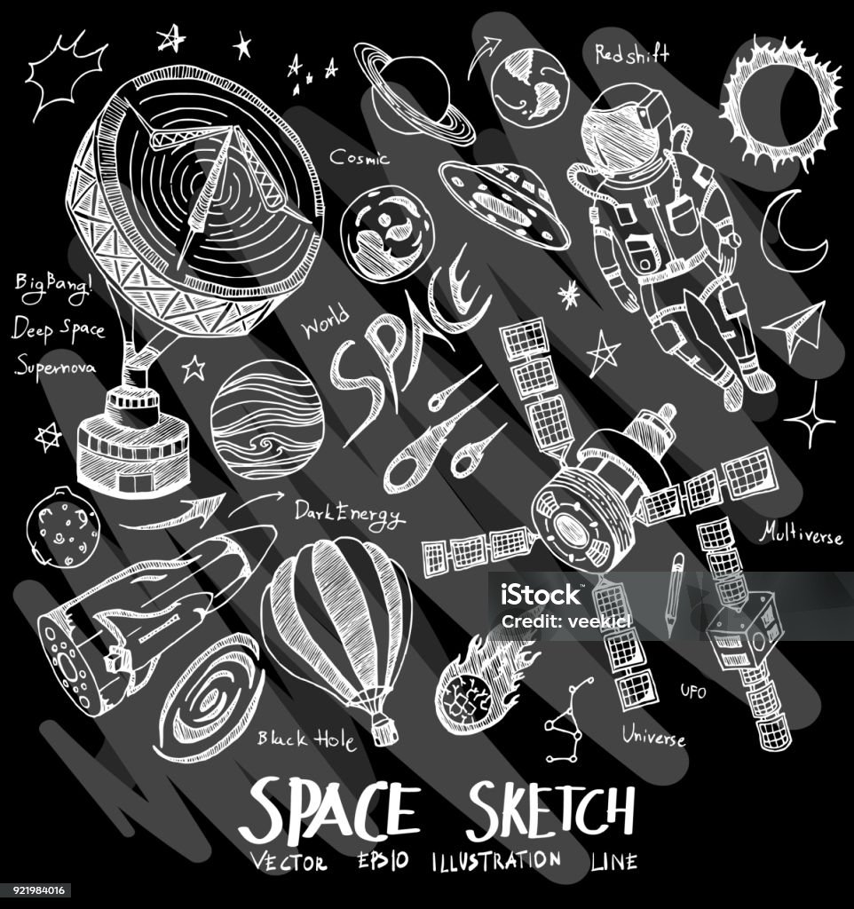 Space doodle illustration wallpaper background line sketch style set on chalkboard eps10 Space doodle illustration wallpaper background line sketch style set on chalkboard Astronaut stock vector