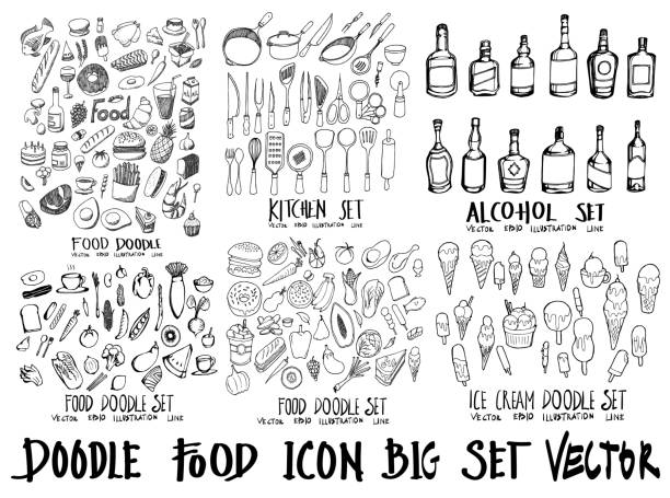 ilustraciones, imágenes clip art, dibujos animados e iconos de stock de alimentos doodle ilustración wallpaper fondo dibujo estilo de línea en pizarra eps10 - dibujar ilustraciones