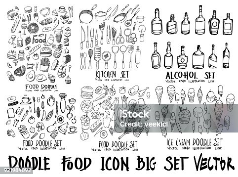 istock Food doodle illustration wallpaper background line sketch style set on chalkboard eps10 921984092