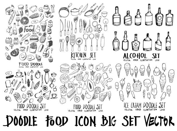 thực phẩm doodle hình nền hình nền dòng phác thảo phong cách thiết lập trên bảng phấn eps10 - đồ uống thực phẩm và đồ uống hình minh họa sẵn có