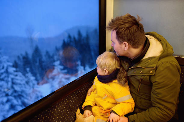 family looking out of the window of train during travel on cogwheel railway/rack railway in alps mountains - rack railway imagens e fotografias de stock