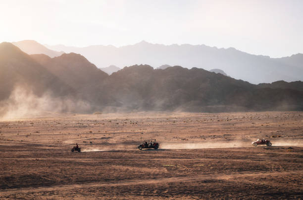 Buggy and ATV quads races in Sinai desert at sunset. Egyptian landscape with off-road vehicles and dust dirt road. Sharm el Sheikh, Egypt.