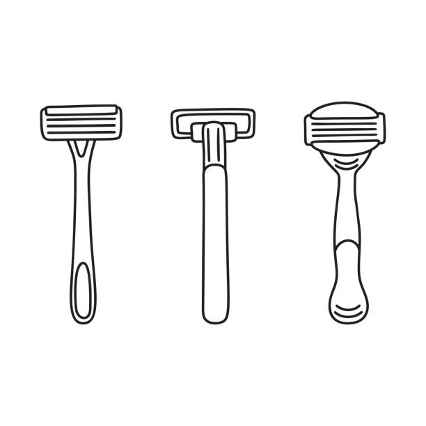 Set of three disposable shaving razors, line art Set of three disposable shaving razors, hair removal tools, line art, linear drawing, vector illustration isolated on white background. Black and white drawing, line art icon of shaving razors safety razor stock illustrations