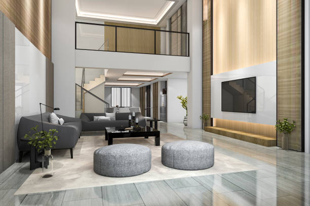 istock 3d rendering double floor wood modern living room and dining room 921996418