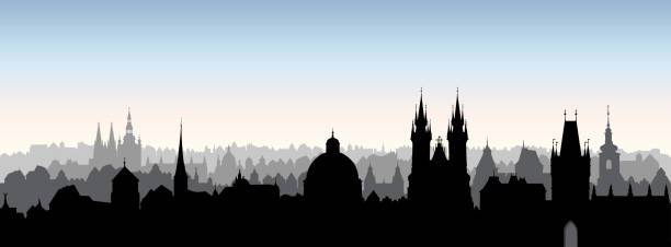 illustrations, cliparts, dessins animés et icônes de ville de prague, tchèque. horizon urbain avec la silhouette des bâtiments historique cathédrale. voyage prague fond - tyn church