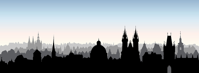Prague city, Czech Republic. Urban skyline Cathedral landmark building. Cityscape panoramic view. Travel background