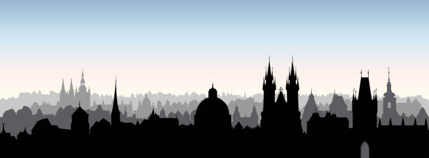 Prague city, Czech. Urban skyline with cathedral landmark buildings silhouette. Travel Prague background Prague city, Czech Republic. Urban skyline Cathedral landmark building. Cityscape panoramic view. Travel background prague art stock illustrations